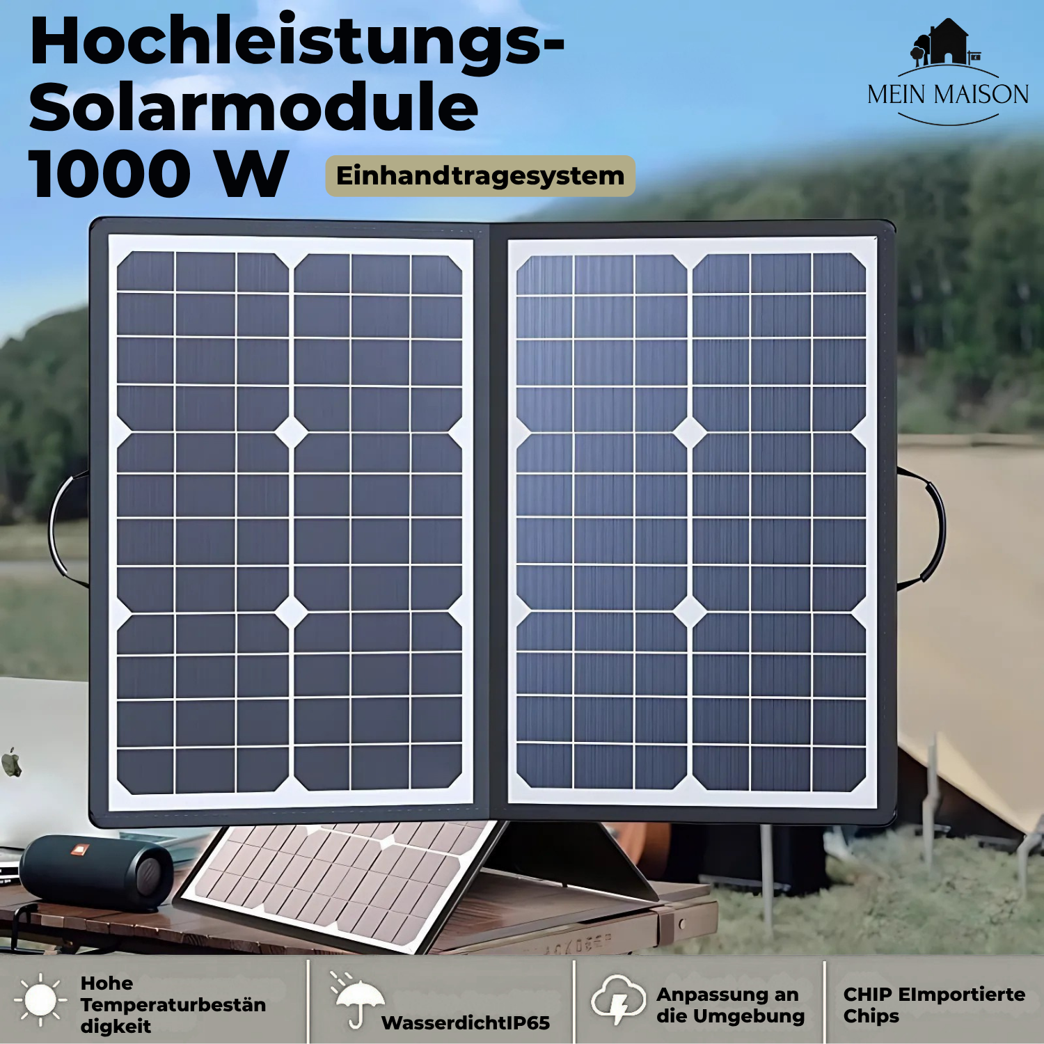 SolaraX 1000W Sammenklappeligt Solpanel-Kit | Fuld pakke med MPPT & USB/Type-C | Til Camping, Bil, Båd & Campingvogn