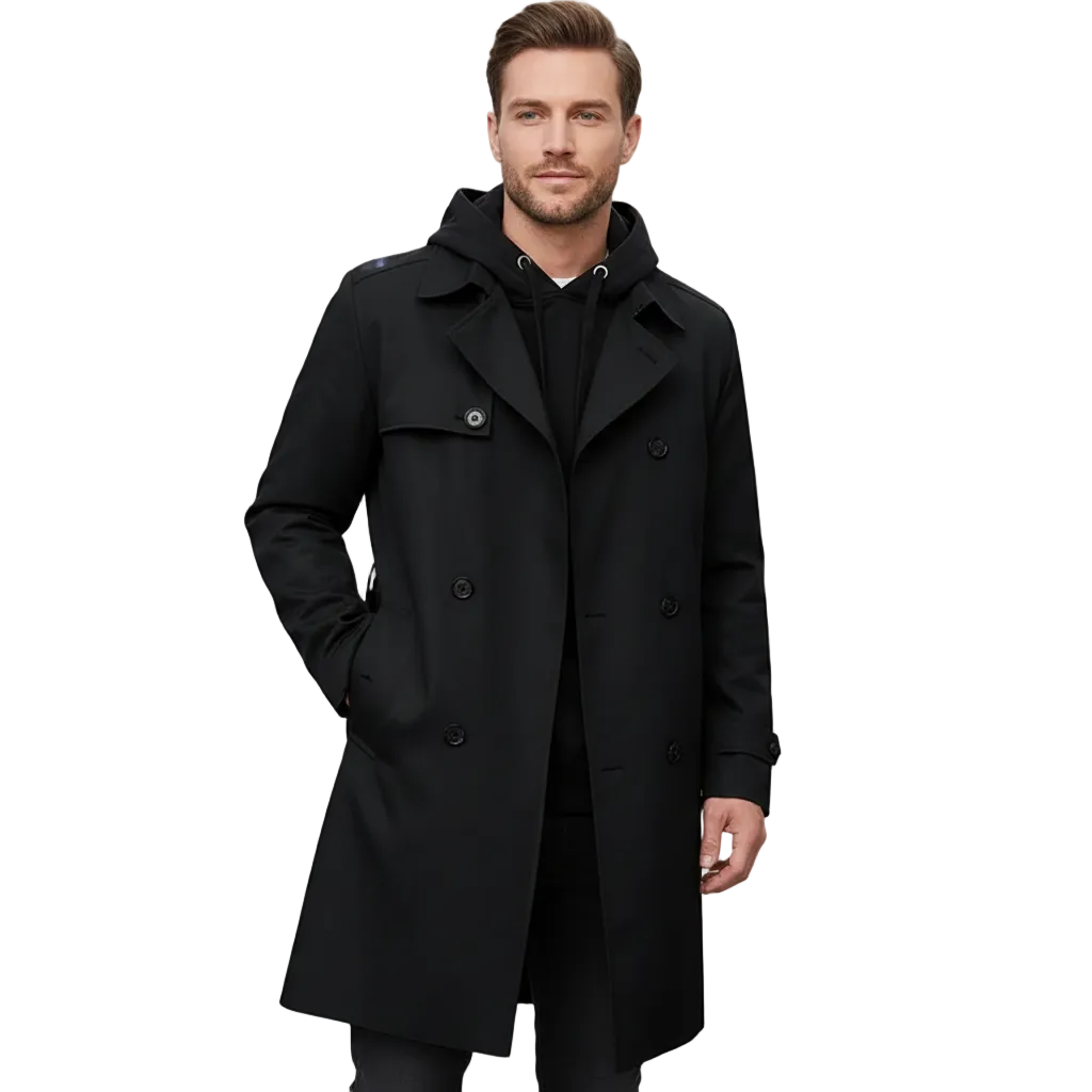 Gian Classic Herre Dobbeltbrystet Trench Coat – Klapkrave med Justerbart Bælte
