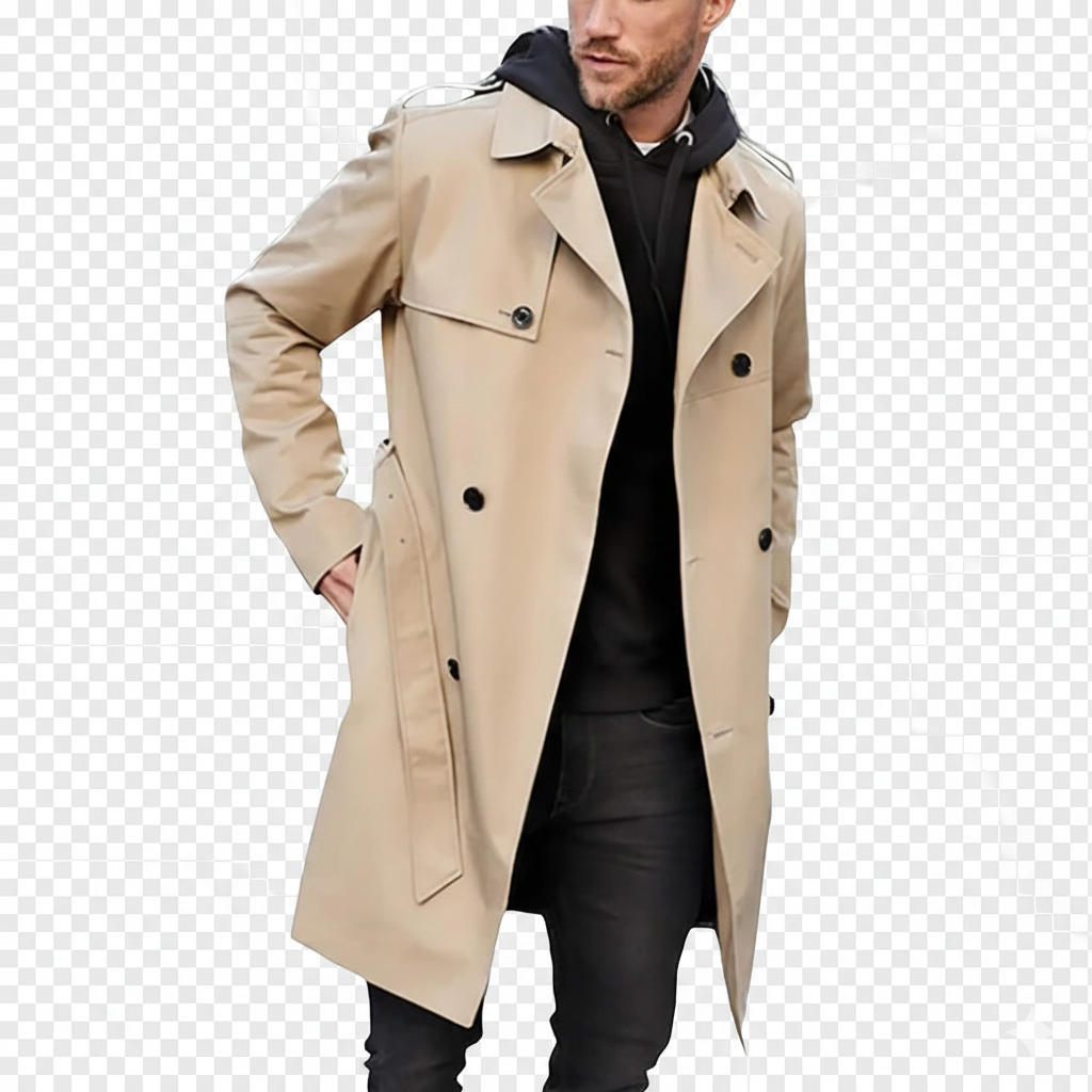 Gian Classic Herre Dobbeltbrystet Trench Coat – Klapkrave med Justerbart Bælte