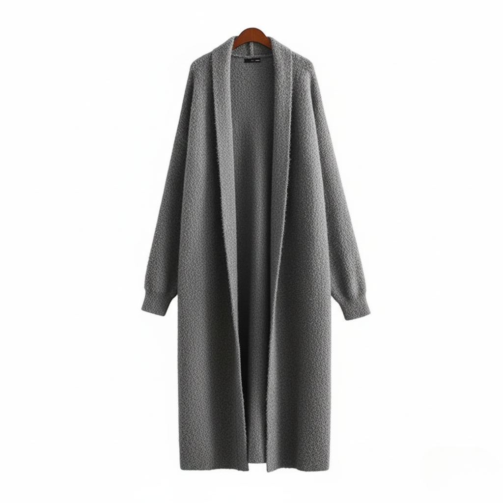 Kvinders Hætte Midi Cardigan – Åben Front Langline Striklag