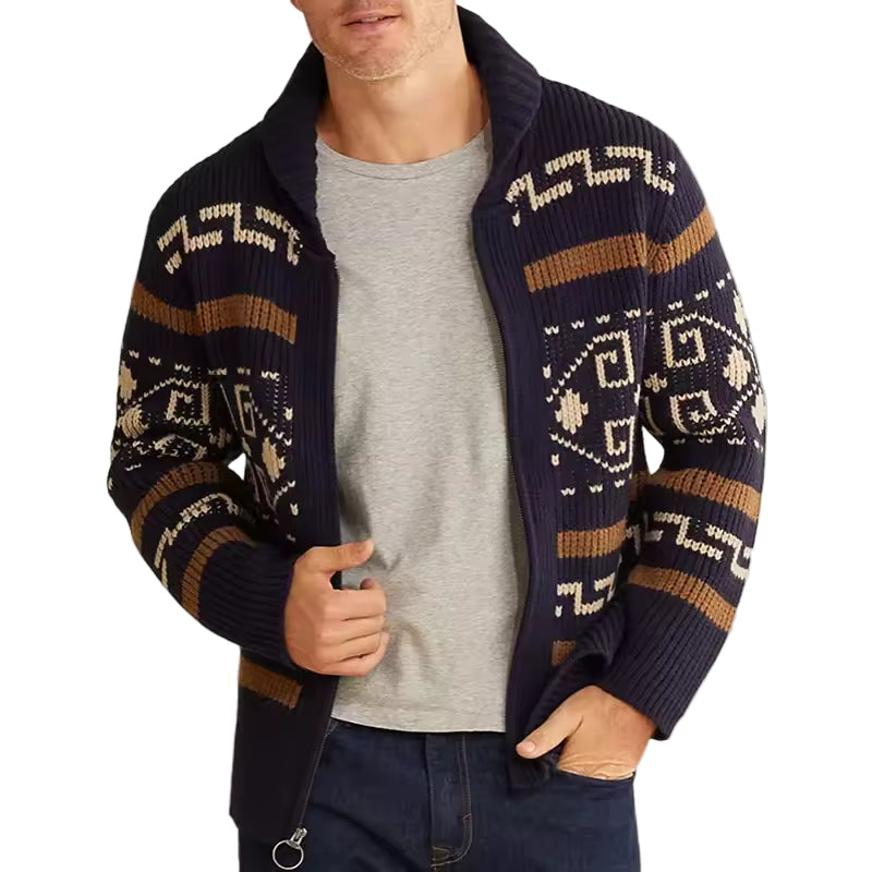 Herre Cardigan i Uldblanding med Lynlås og Mønstret Design
