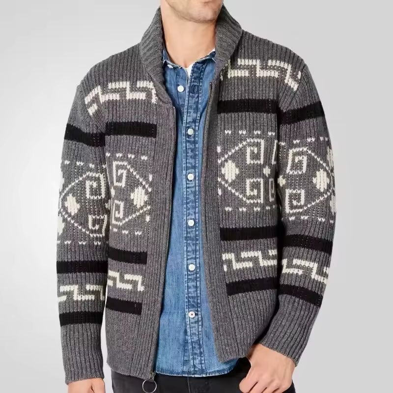 Herre Cardigan i Uldblanding med Lynlås og Mønstret Design
