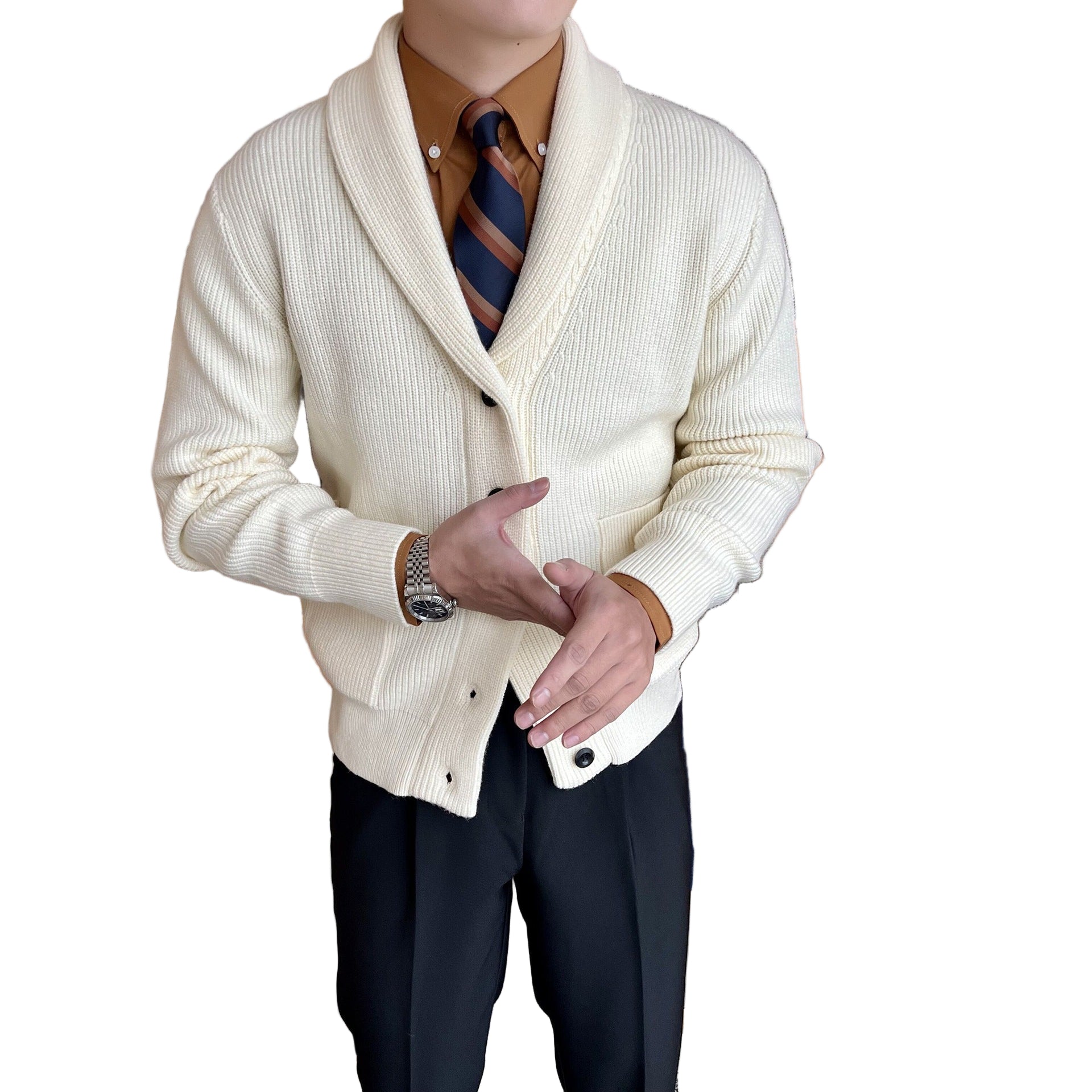 Herre Cardigan med Sjalkrave og Ribstrik