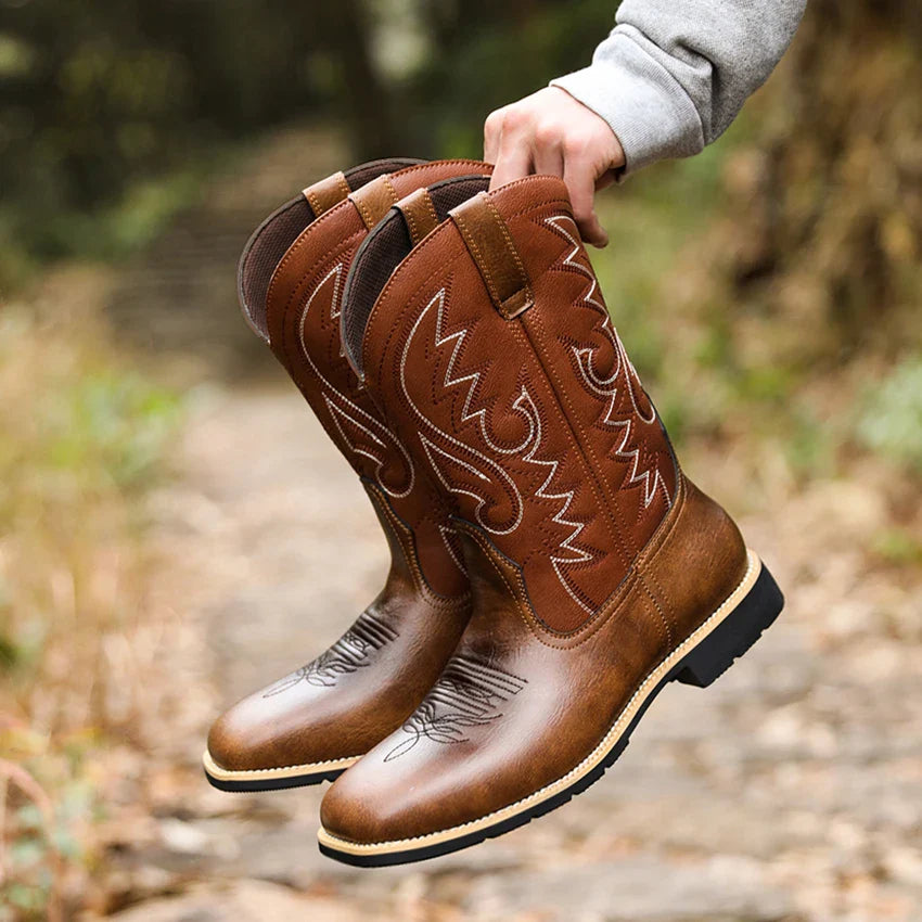 Herre Cowboy Støvler Broderet Retro Design Læder Høj Top