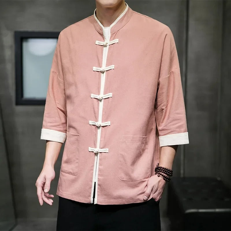 Herre Overshirt Japansk Stil i Blød Bomulds- og Linnedblanding