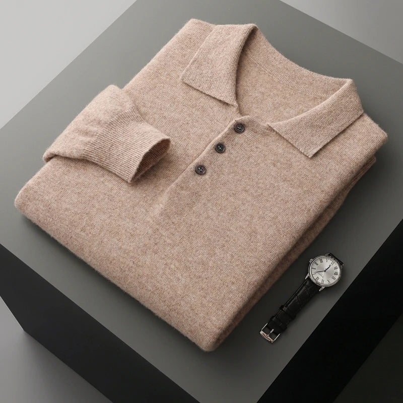 Herre Pullover Uldtrøje med Polo Krave i Merino Uld