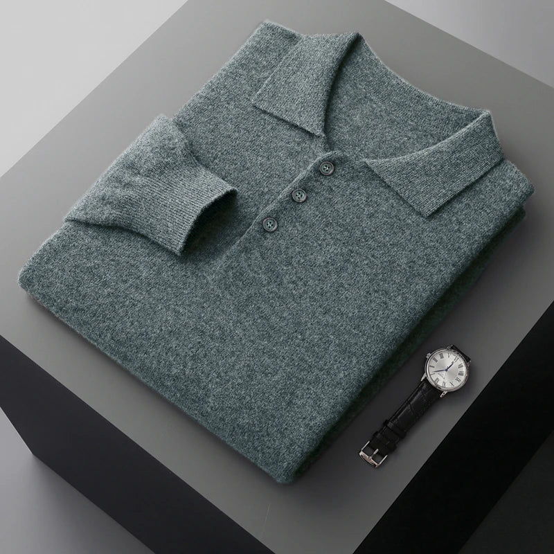 Herre Pullover Uldtrøje med Polo Krave i Merino Uld