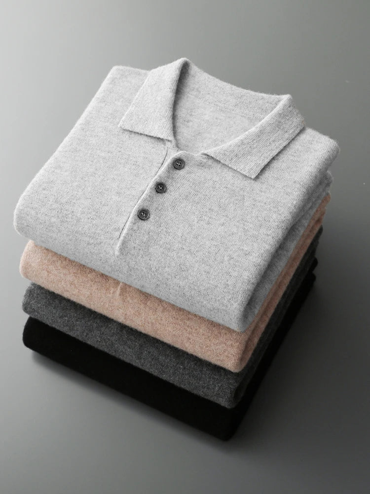 Herre Pullover Uldtrøje med Polo Krave i Merino Uld
