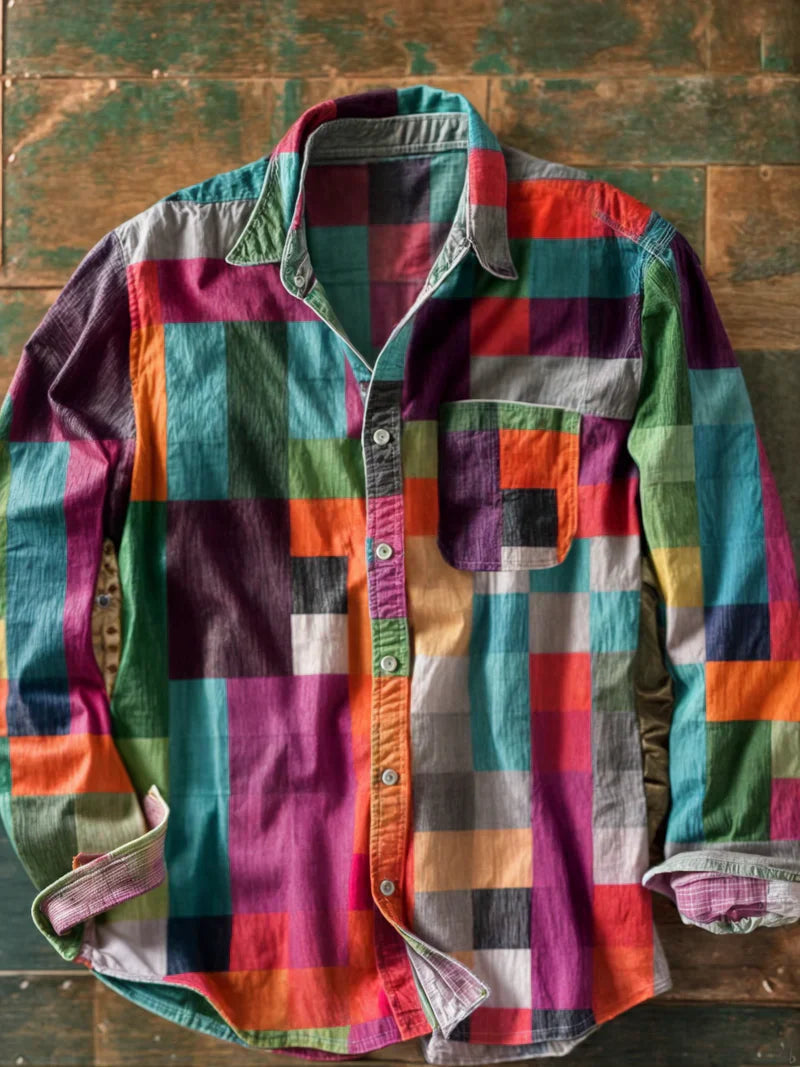 Herre Skjorte Langærmet Patchwork Design med Brystlomme til Mænd