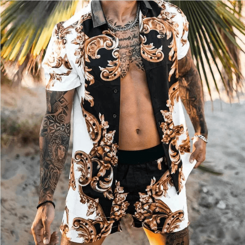 Herre Sommer Sæt Løs Kortærmet Skjorte med Shorts Patchwork Design