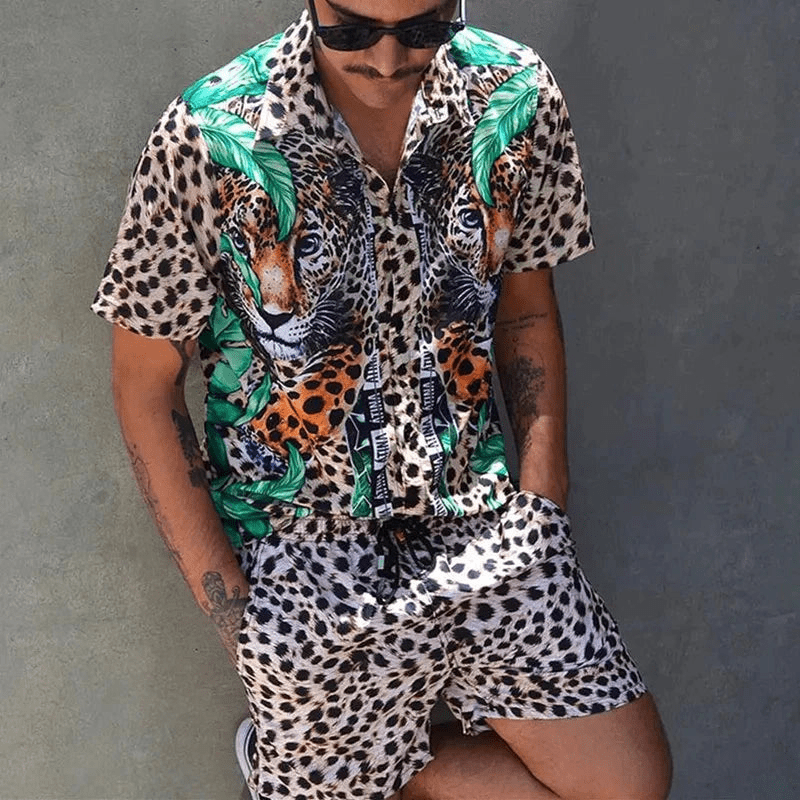 Herre Sommer Sæt Løs Kortærmet Skjorte med Shorts Patchwork Design