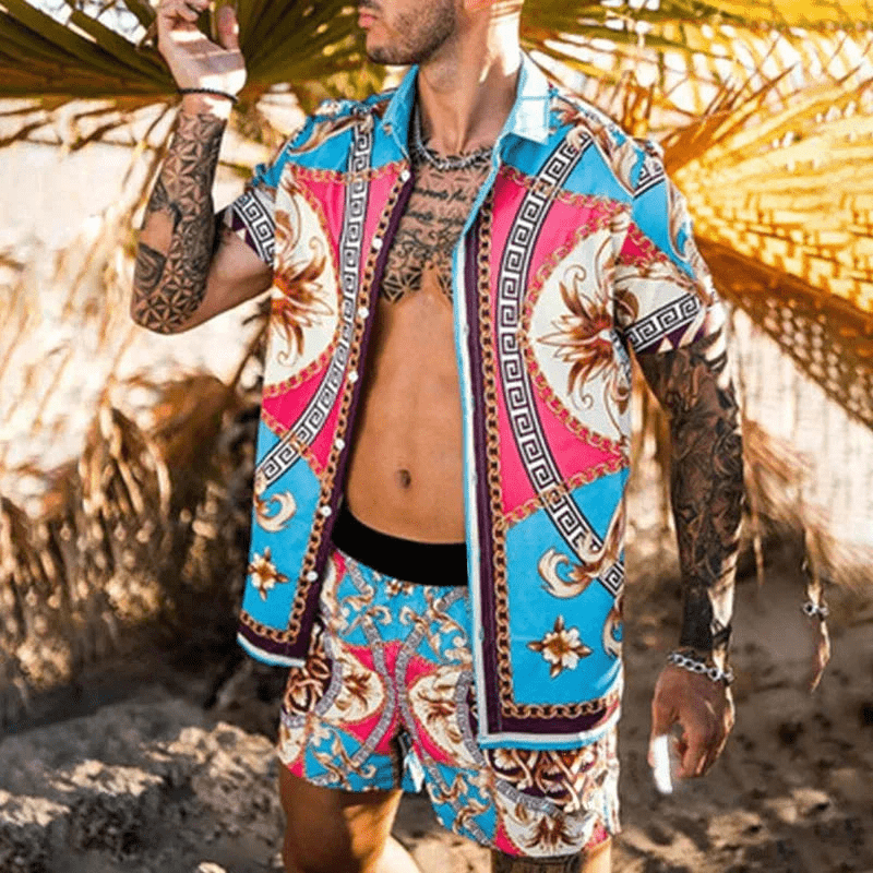 Herre Sommer Sæt Løs Kortærmet Skjorte med Shorts Patchwork Design