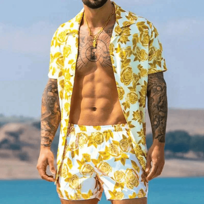 Herre Sommer Sæt Løs Kortærmet Skjorte med Shorts Patchwork Design