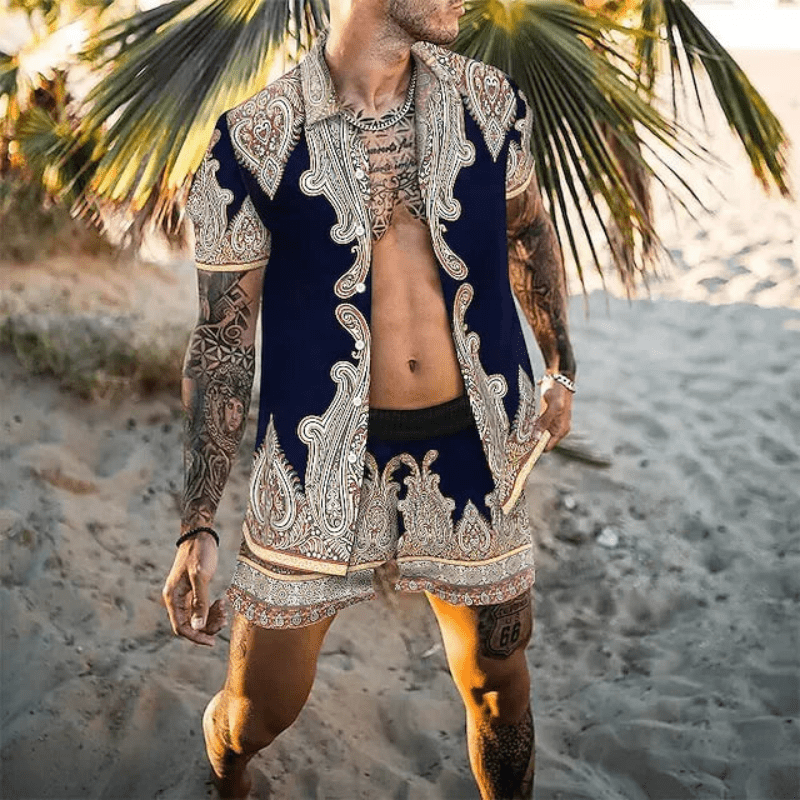 Herre Sommer Sæt Løs Kortærmet Skjorte med Shorts Patchwork Design