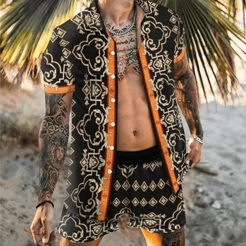 Herre Sommer Sæt Løs Kortærmet Skjorte med Shorts Patchwork Design