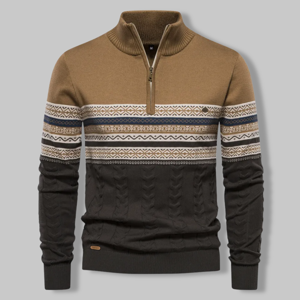 Herre Stribet Sweater med Opretstående Krave og Halv Lynlås