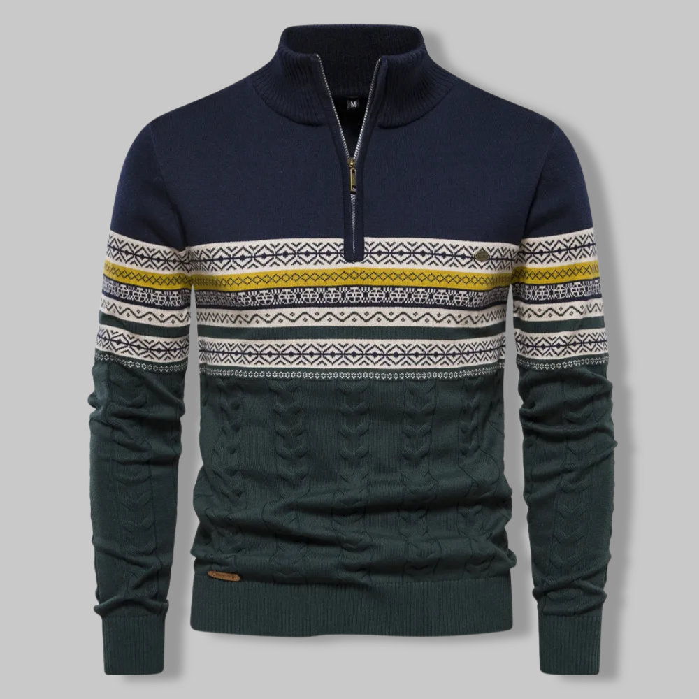 Herre Stribet Sweater med Opretstående Krave og Halv Lynlås