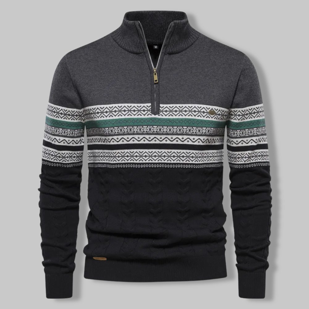 Herre Stribet Sweater med Opretstående Krave og Halv Lynlås