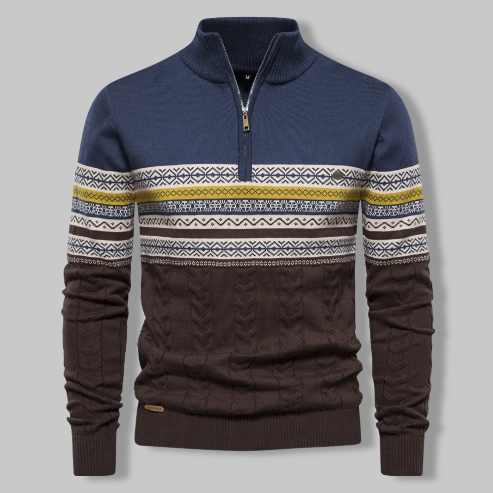 Herre Stribet Sweater med Opretstående Krave og Halv Lynlås
