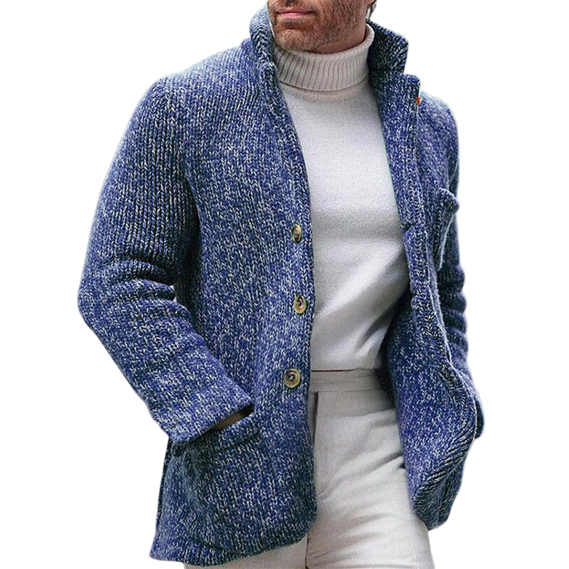 Herre Strikket Cardigan - Chunky Tekstur - Stå-Krave - Knap-Front