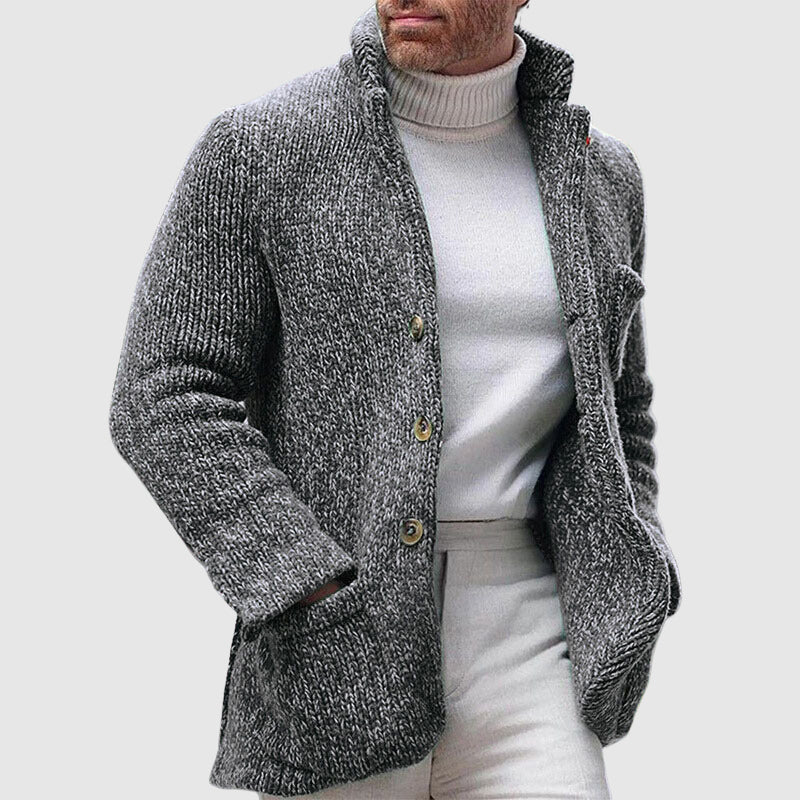Herre Strikket Cardigan - Chunky Tekstur - Stå-Krave - Knap-Front