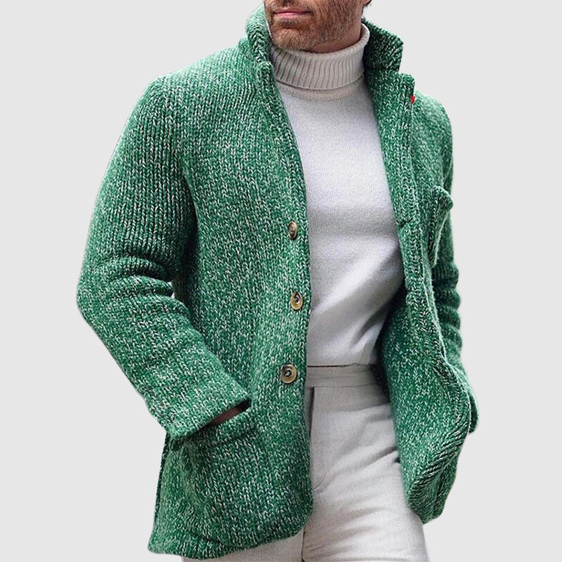 Herre Strikket Cardigan - Chunky Tekstur - Stå-Krave - Knap-Front