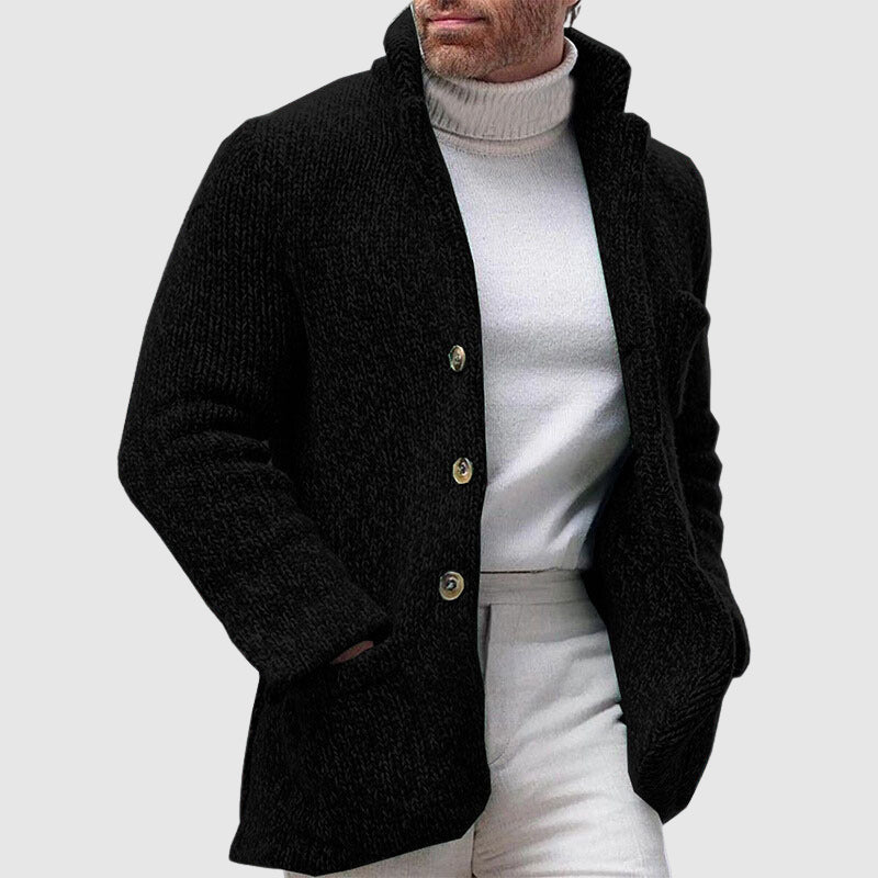 Herre Strikket Cardigan - Chunky Tekstur - Stå-Krave - Knap-Front