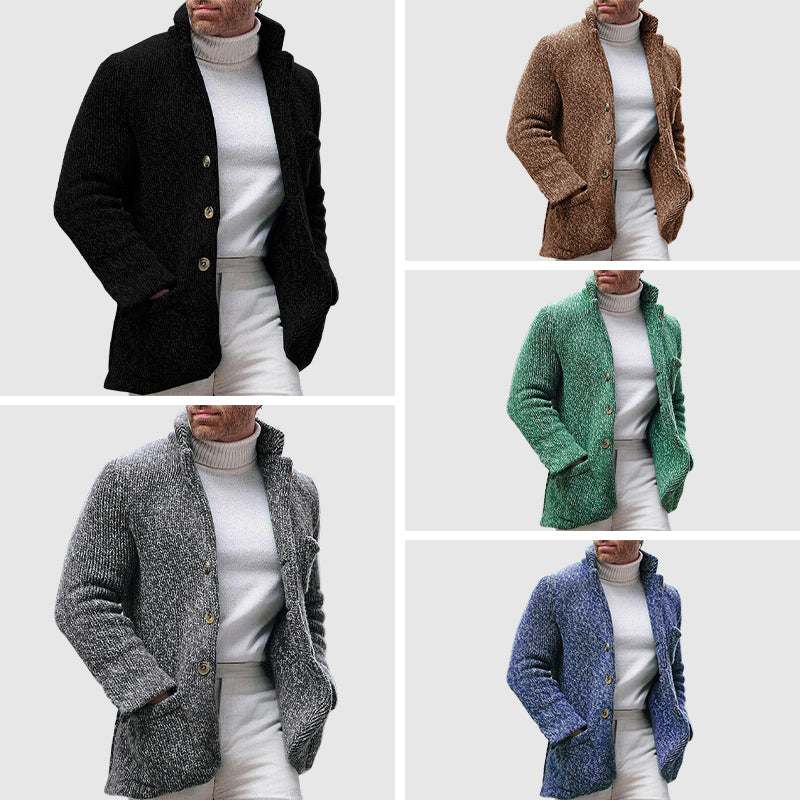 Herre Strikket Cardigan - Chunky Tekstur - Stå-Krave - Knap-Front