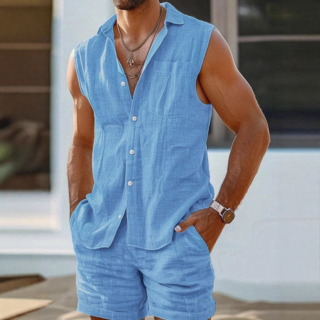 Herre T-shirt og Shorts Sæt – Linned – Afslappet Pasform – Knap-Op Casual Beklædning