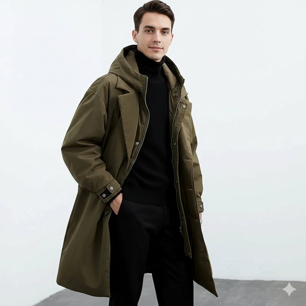 Damian Trench Coat Lang Herre Vandtæt – Vatteret For, Hætte & Vintervarme