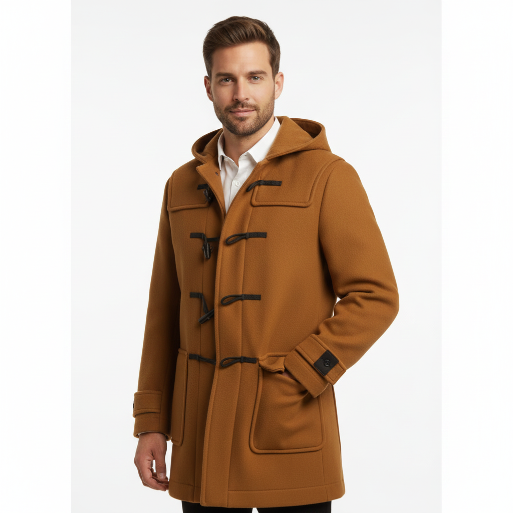 Joen Lang Trench Coat Mænd – Skandinavisk Hættetrøje med Hornknapper & Retro Stil