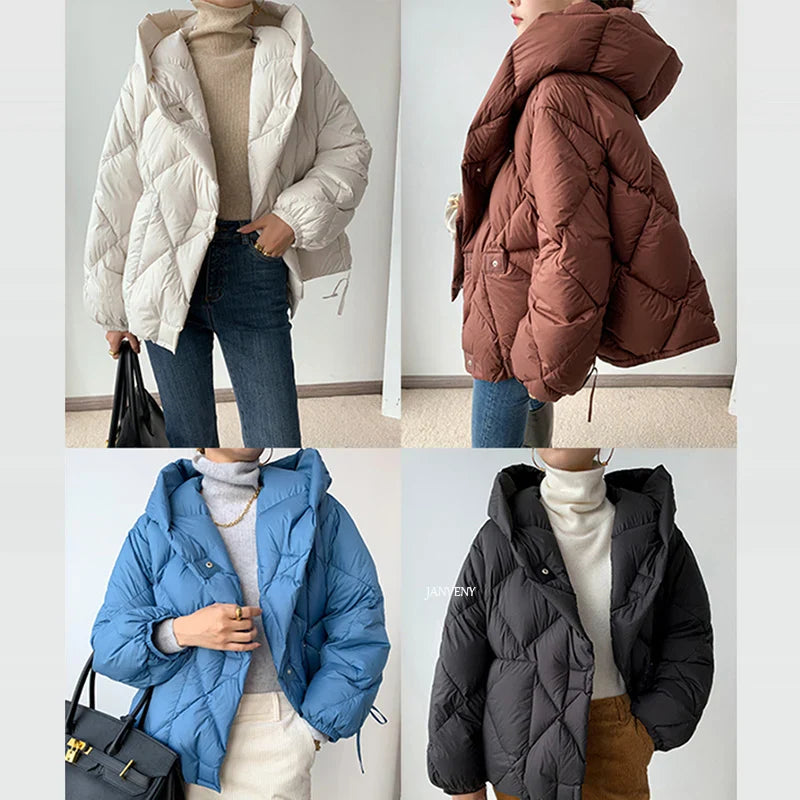 Kort Dunjakke Dame med Hætte - Vinterjakke i Puffer Stil