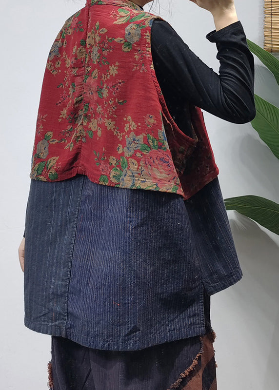 Kvinders Ærmeløs Vest med Kinesisk Knap og Patchwork Print