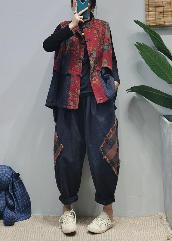 Kvinders Ærmeløs Vest med Kinesisk Knap og Patchwork Print