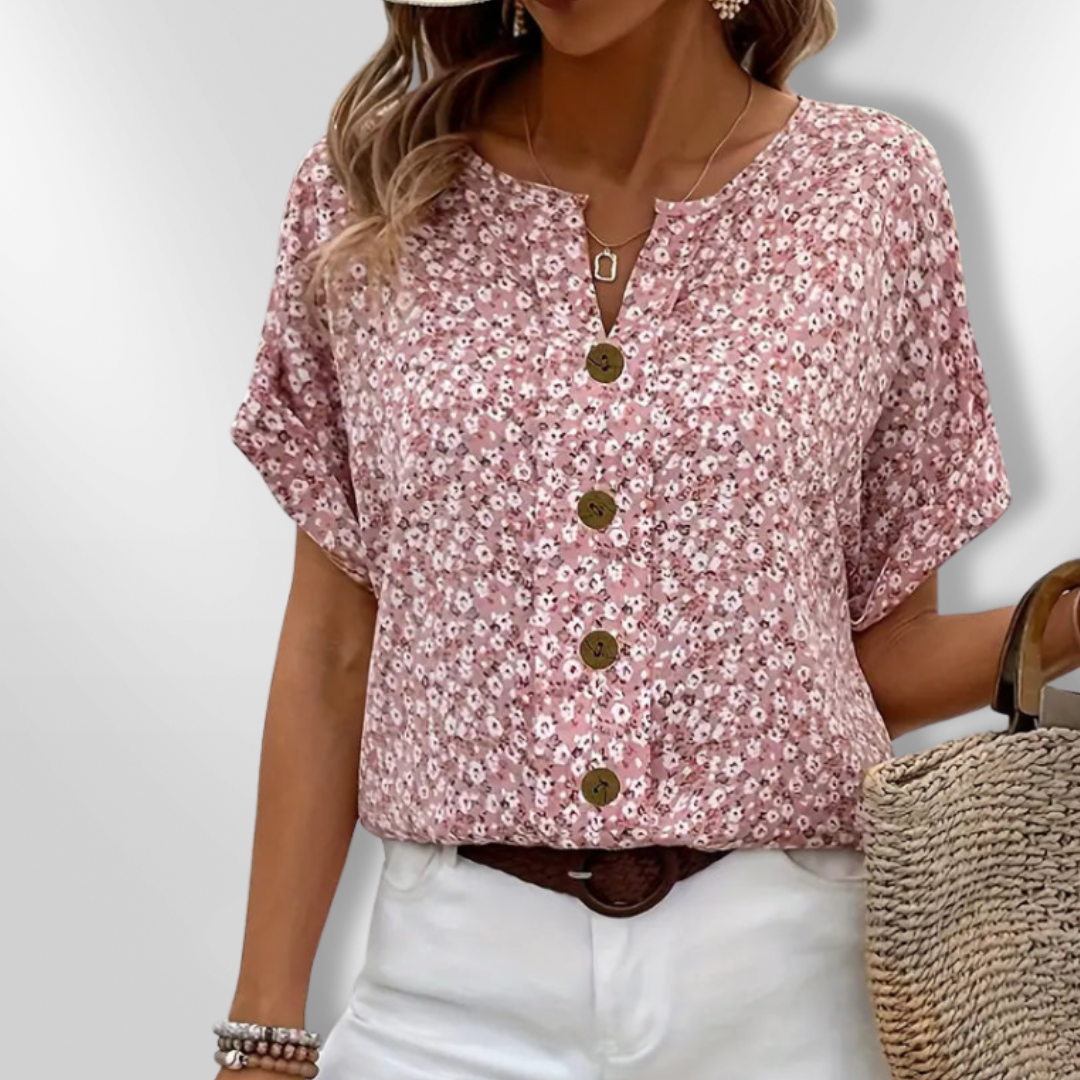 Kvinders Bluse Med Blomsterprint og Træknapper