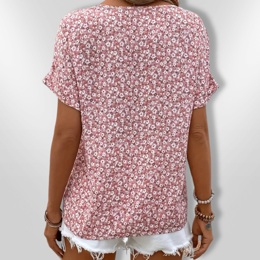 Kvinders Bluse Med Blomsterprint og Træknapper