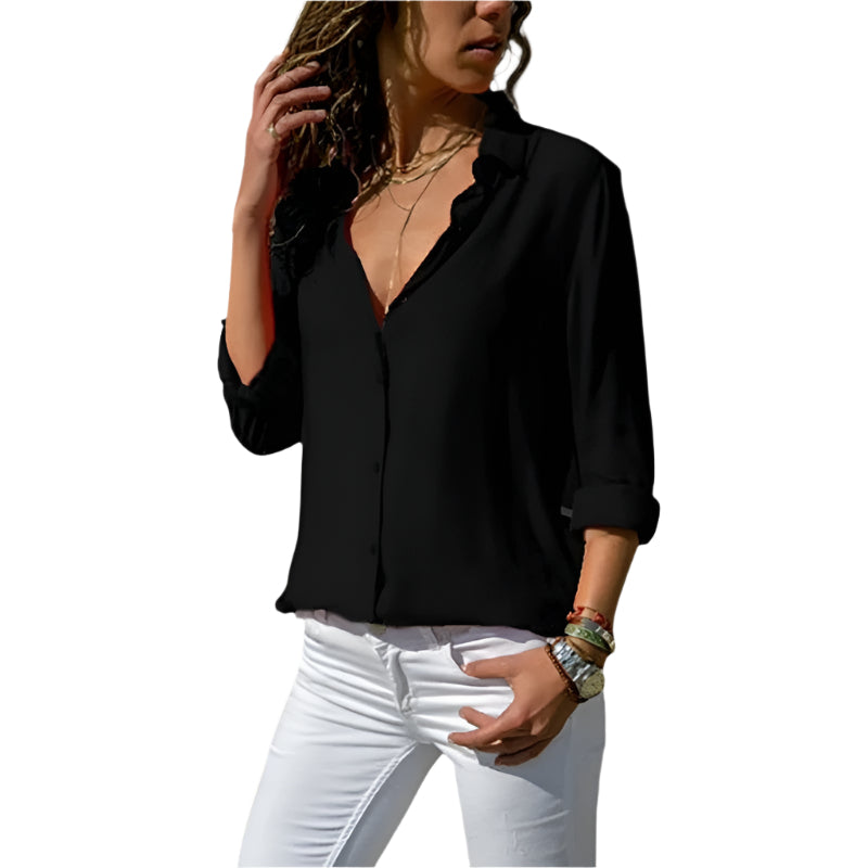 Kvinders Bluse i Chiffon med V-hals og Knapper