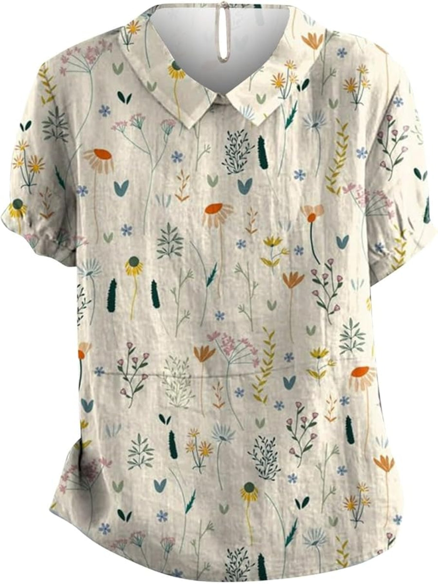 Kvinders Bluse med Vildblomst Print i Bløde Farver