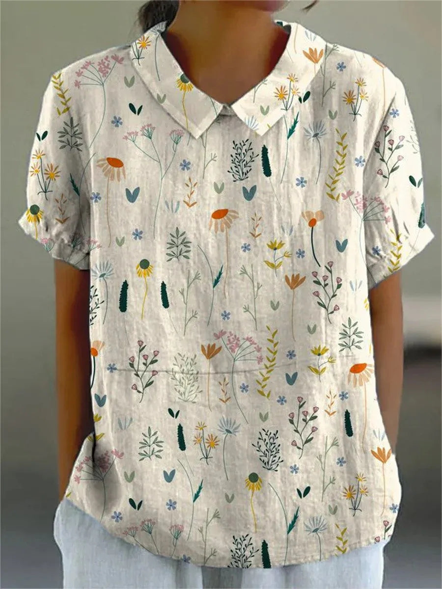 Kvinders Bluse med Vildblomst Print i Bløde Farver