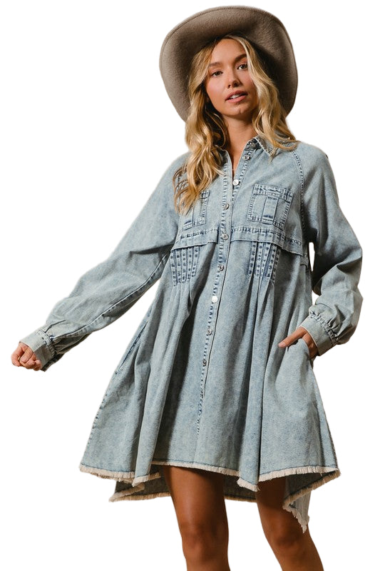 Kvinders Button Down Kjole i Mineralvasket Denim