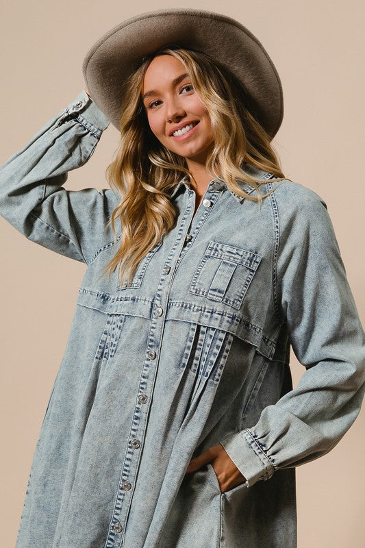 Kvinders Button Down Kjole i Mineralvasket Denim