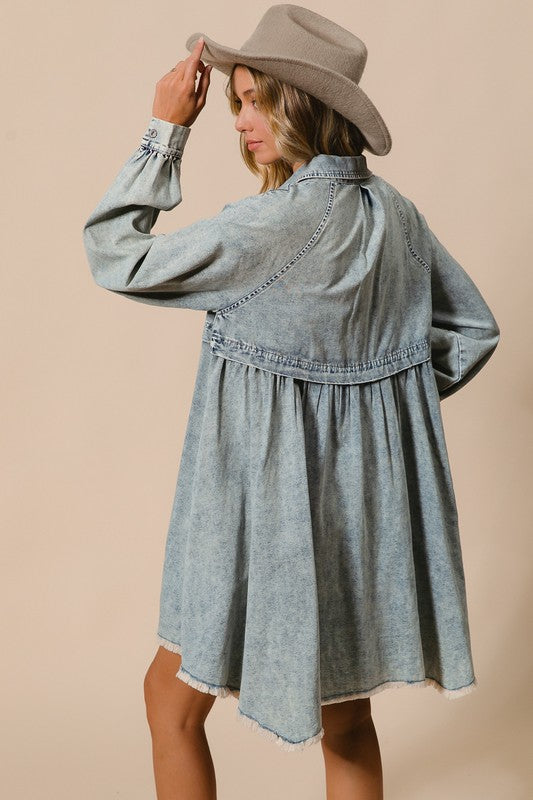 Kvinders Button Down Kjole i Mineralvasket Denim