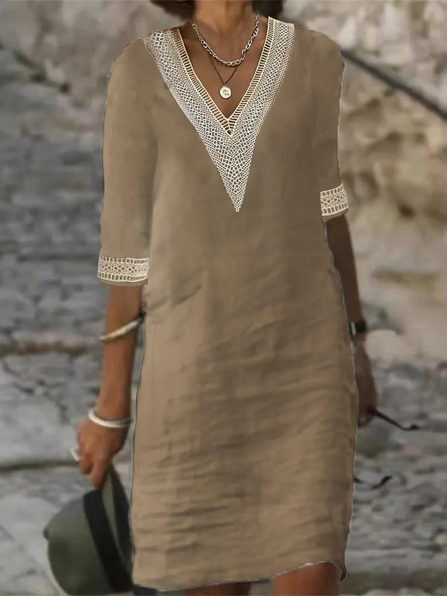 Kvinders Casual Kjole V-Hals Blonder Trim Afslappet Fit 3/4 Ærme