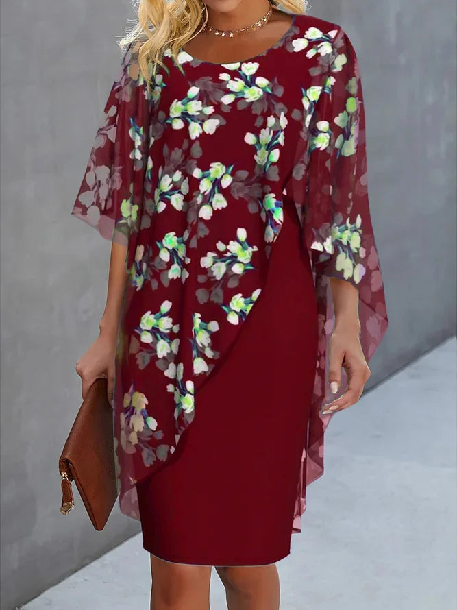 Kvinders Chiffon Kjole Blomsterprint H-Linie Rund Halsudskæring