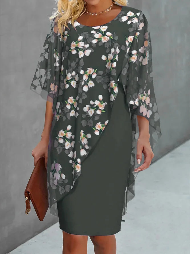 Kvinders Chiffon Kjole Blomsterprint H-Linie Rund Halsudskæring