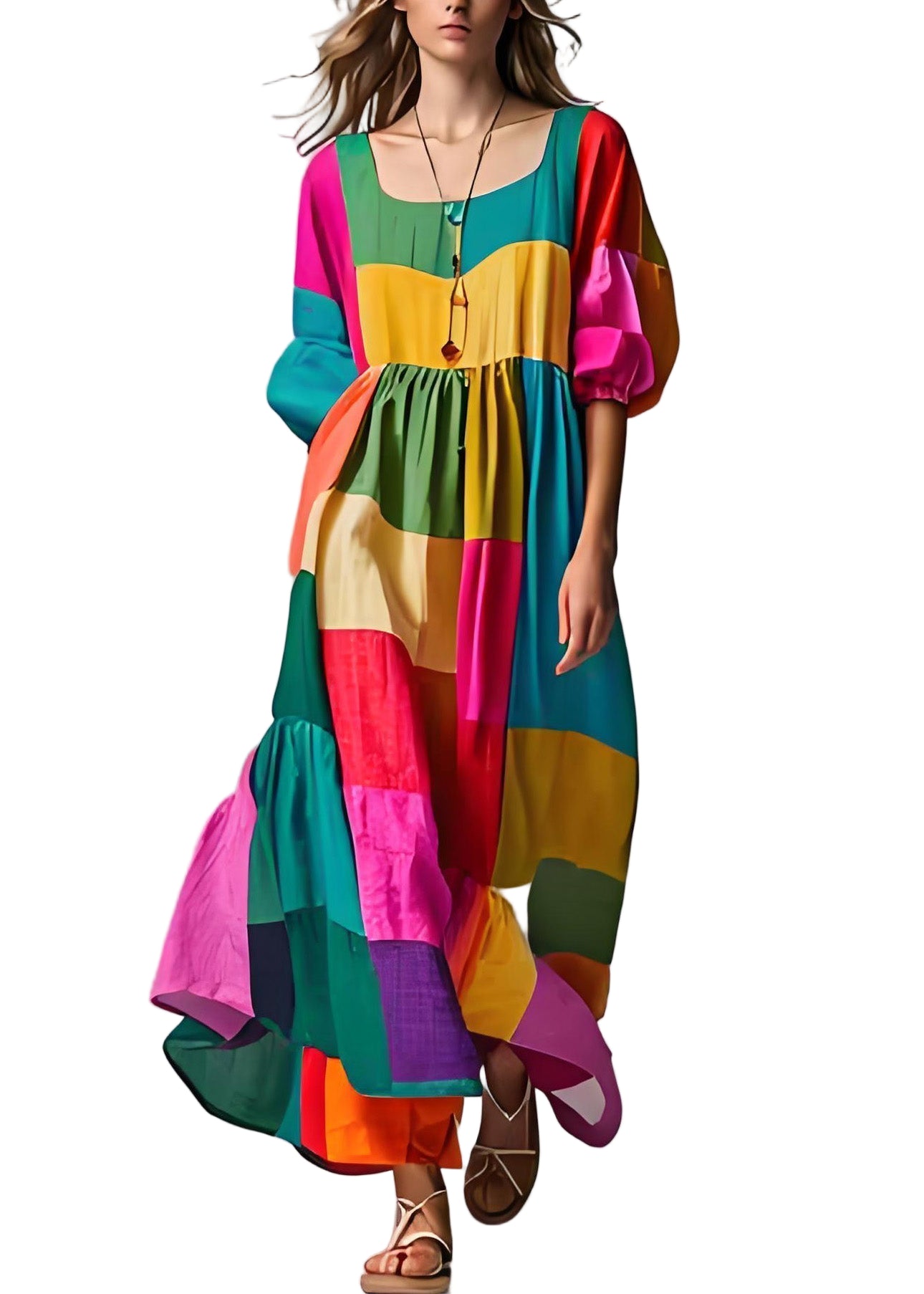 Kvinders Colorblock Puff Sleeve Kjole