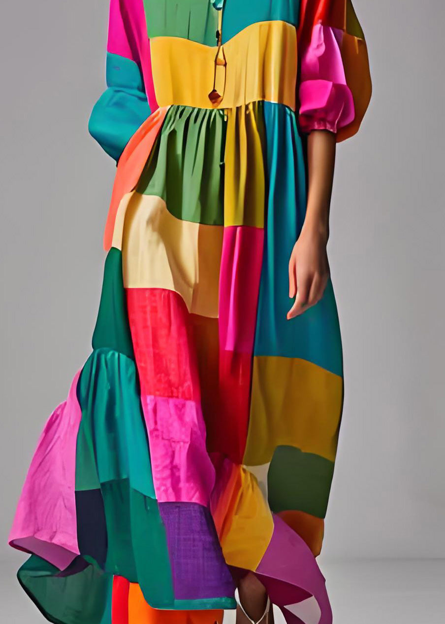 Kvinders Colorblock Puff Sleeve Kjole