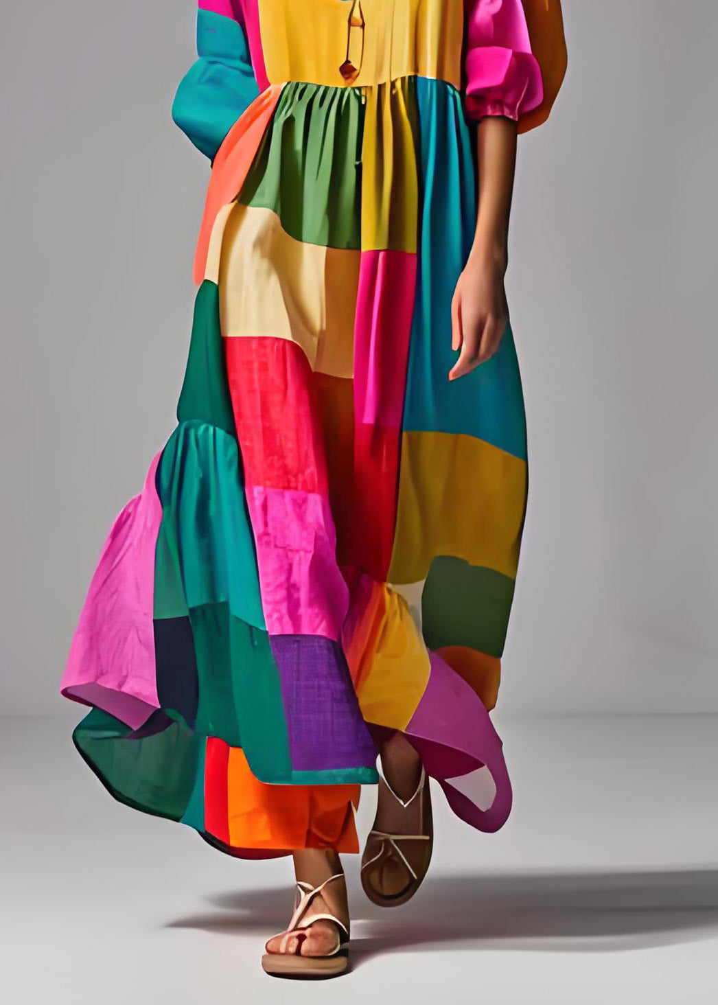 Kvinders Colorblock Puff Sleeve Kjole