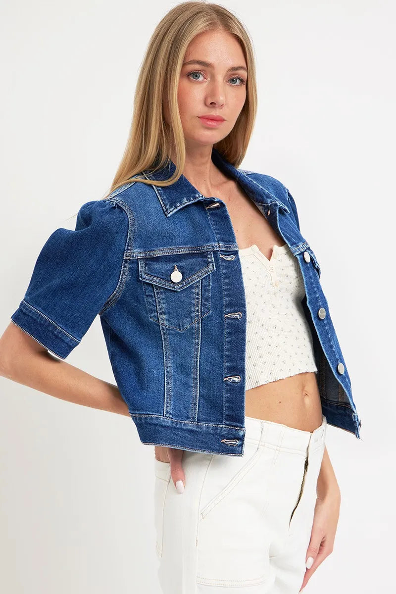 Kvinders Crop Denim Jakke med Pufærmer Vasket Bomuld