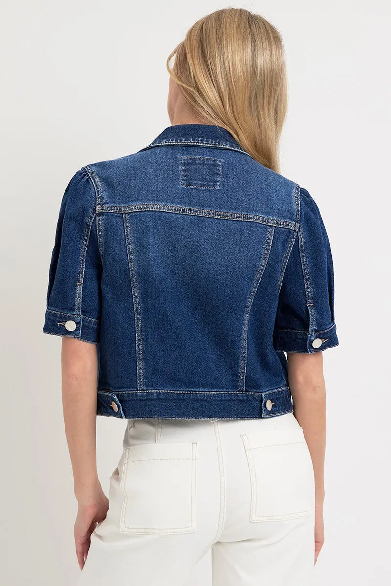Kvinders Crop Denim Jakke med Pufærmer Vasket Bomuld